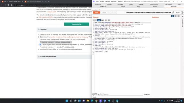 Aula 4 SQL injection UNION attack, finding a column containing text смотреть онлайн