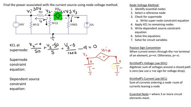 Node Voltage Method Example 10 - (Trick: Fool proof method to write Supernode constraint equation) смотреть онлайн