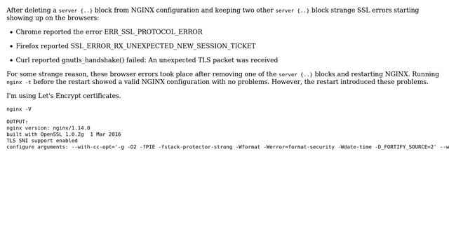 Browsers reported SSL error when one of the server {..} blocks in NGINX configuration was removed смотреть онлайн