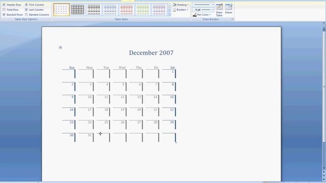 MS Word 2007 Calendar
