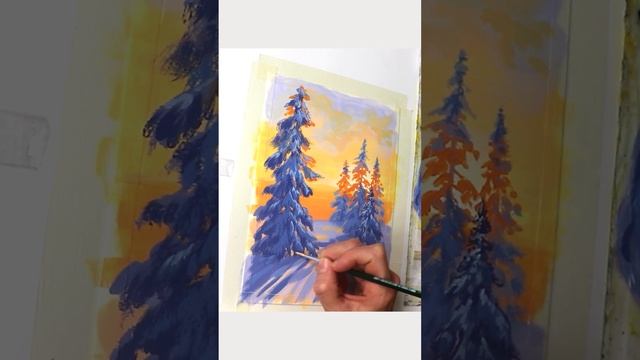 Зимний солнечный пейзаж акрилом смотреть онлайн
