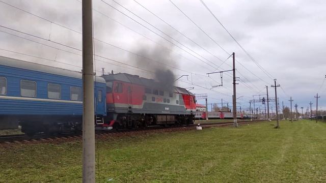 Приветливый с Дымком! Тепловоз ТЭП70-0360 (СПб-Гомель), ст. СПб-Витебский, 27.10.2023г.(4K UHD) смотреть онлайн