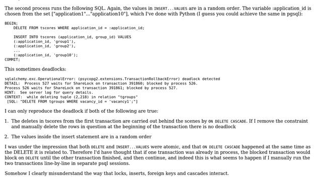 Postgres deadlock in INSERT VALUES concurrent with ON DELETE CASCADE смотреть онлайн