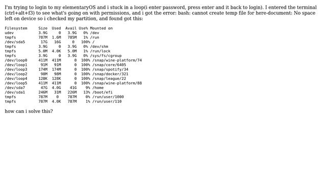 Unix & Linux: Login loop, bash: cannot create temp file for here-document: No space left on device смотреть онлайн