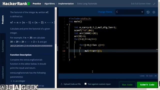 Extra long factorials hackerrank solution in c @BE A GEEK | Hindi | смотреть онлайн
