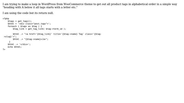 Wordpress: loop to return tags in woocommerce in alphabetical order? смотреть онлайн