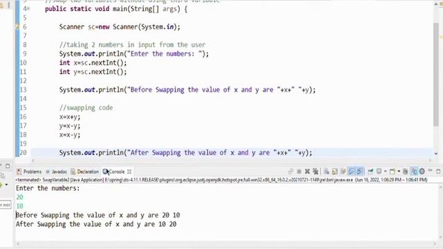 Swap two numbers without using other variable in Java смотреть онлайн