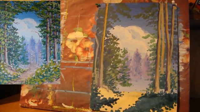 Как нарисовать пейзаж гуашью Рисуем сосновый лес смотреть онлайн