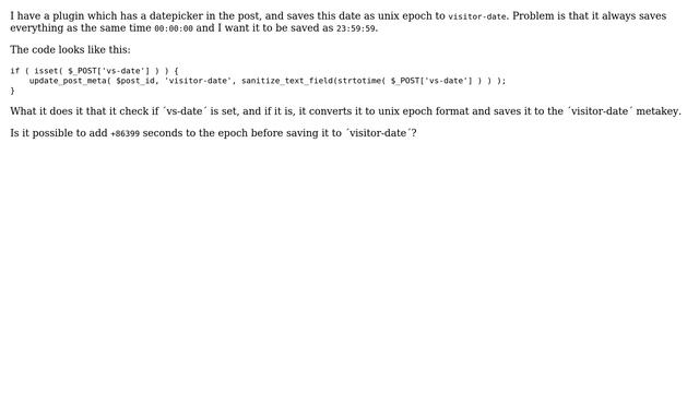 Wordpress: Add 23 hours 59 minutes and 59 seconds to meta key before saving? смотреть онлайн