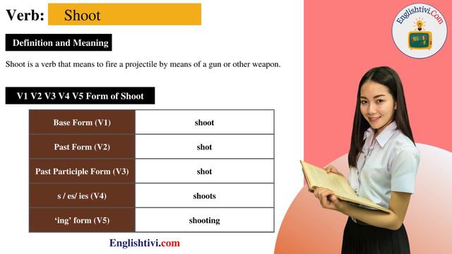 Shoot V1 V2 V3 V4 V5 Base Form, Past Simple, Past Participle Form of shoot | Englishtivi.com смотреть онлайн
