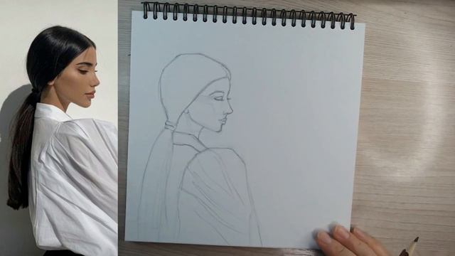 Скетчинг Портрет девушки в профиль. Карандаш Лайнер-кисть.