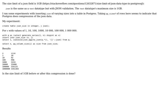 Databases: Is the size limit of a json field before or after compression in Postgres? смотреть онлайн