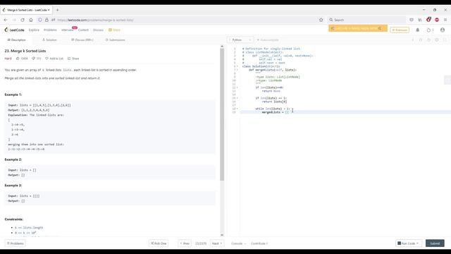 LeetCode 23. Merge k Sorted Lists - Python смотреть онлайн