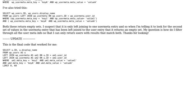 Wordpress: Select User by Joining Multiple Meta Value Results смотреть онлайн