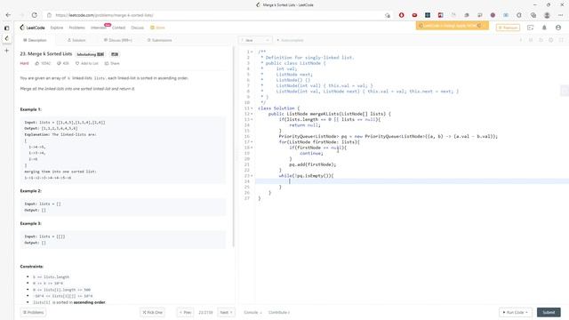 LeetCode 23 | Merge k Sorted Lists | PriorityQueue | Java смотреть онлайн