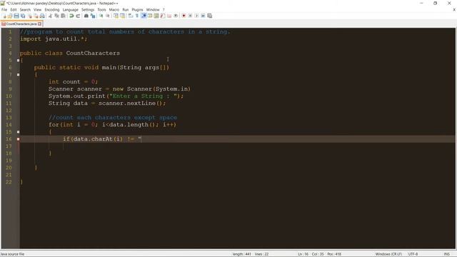 Program to count total number of characters in a string (Java) смотреть онлайн