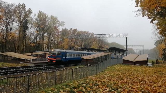 Золотая осень в Минске. Поезд № 051 и электропоезд ЭР9Е-638 проходят станцию Курасовщина (Минск) смотреть онлайн