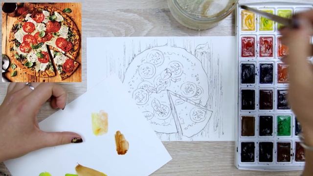 Как нарисовать пиццу акварелью. Урок рисования. Скетчинг для начинающих. смотреть онлайн