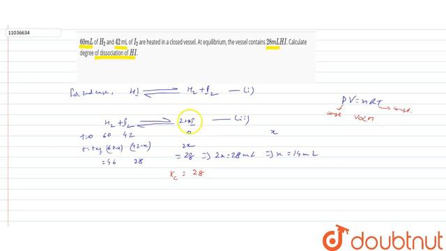 60 mL of H_(2) and 42 mL of I_(2) are heated in a closed vessel. At equilibrium, the vessel cont... смотреть онлайн