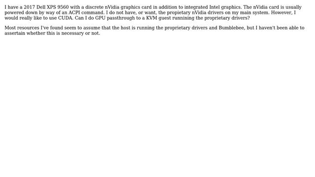 KVM GPU passthrough of nVidia dGPU on laptop with hybrid graphics without proprietary drivers on... смотреть онлайн
