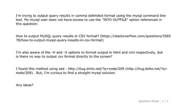 MySQL : How do you output MySQL query results in csv format (to the screen, not to a file)? смотреть онлайн