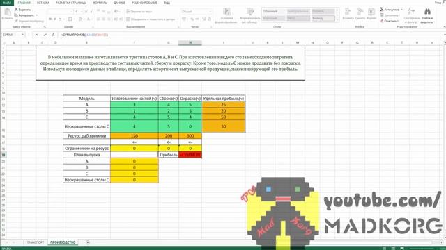 Как решить производственную задачу в Excel смотреть онлайн