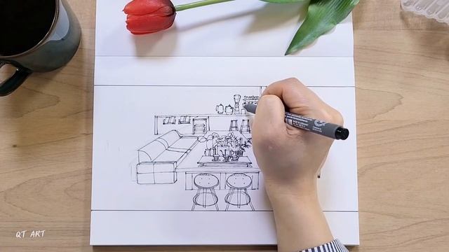 Interior sketch (cafe design) ｜카페 실내 디자인 스케치와 간단한 채색 ｜How to Draw a Cafe｜｜Cafe Sketch｜Pen Drawing смотреть онлайн
