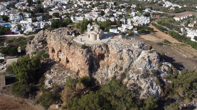 Drone view of church of Prophet Elias, built on a granite rock in Protaras смотреть онлайн