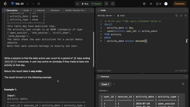 SQL Interview | "User Activity for the Past 30 Days I" | SQL 50 | Leetcode 1141 | dateadd() смотреть онлайн