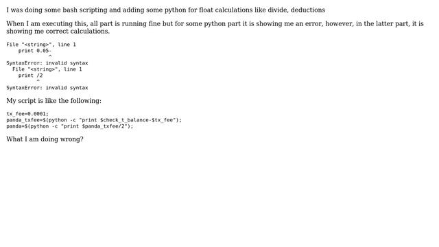 Unix & Linux: python -c "print calculation" gives syntax error смотреть онлайн