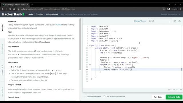 HackerRank Day 28: RegEx, Pattern and Intro to Databases | Java Solution смотреть онлайн