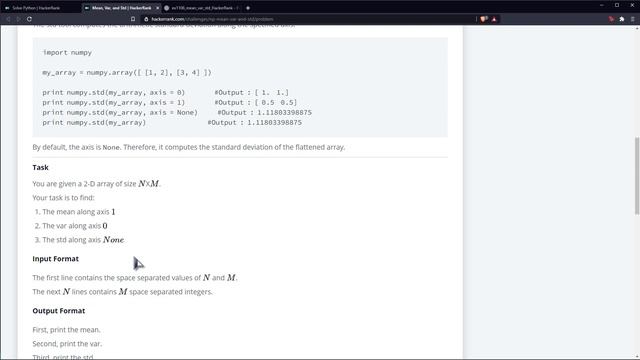 Python Ejercicio: 1106 HackerRank NumPy para Calcular el Promedio, Varianza y Desviación Estándar смотреть онлайн