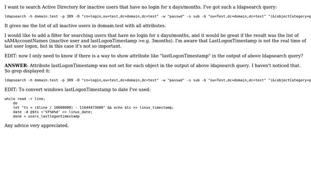 ldapsearch - how to display "lastLogonTimestamp" & convert windows lastlogontimestamp to date in... смотреть онлайн