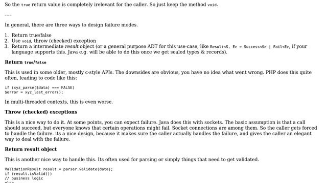 Function returning true/false vs. void when succeeding and throwing an exception when failing смотреть онлайн