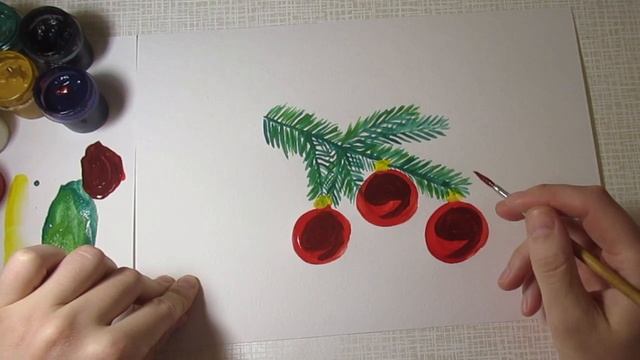 Новогодние рисунки акварелью. Рисунок ветки ели с шариками смотреть онлайн