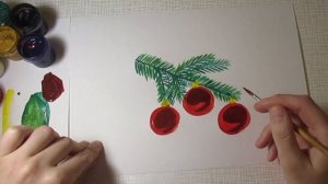 Новогодние рисунки акварелью. Рисунок ветки ели с шариками