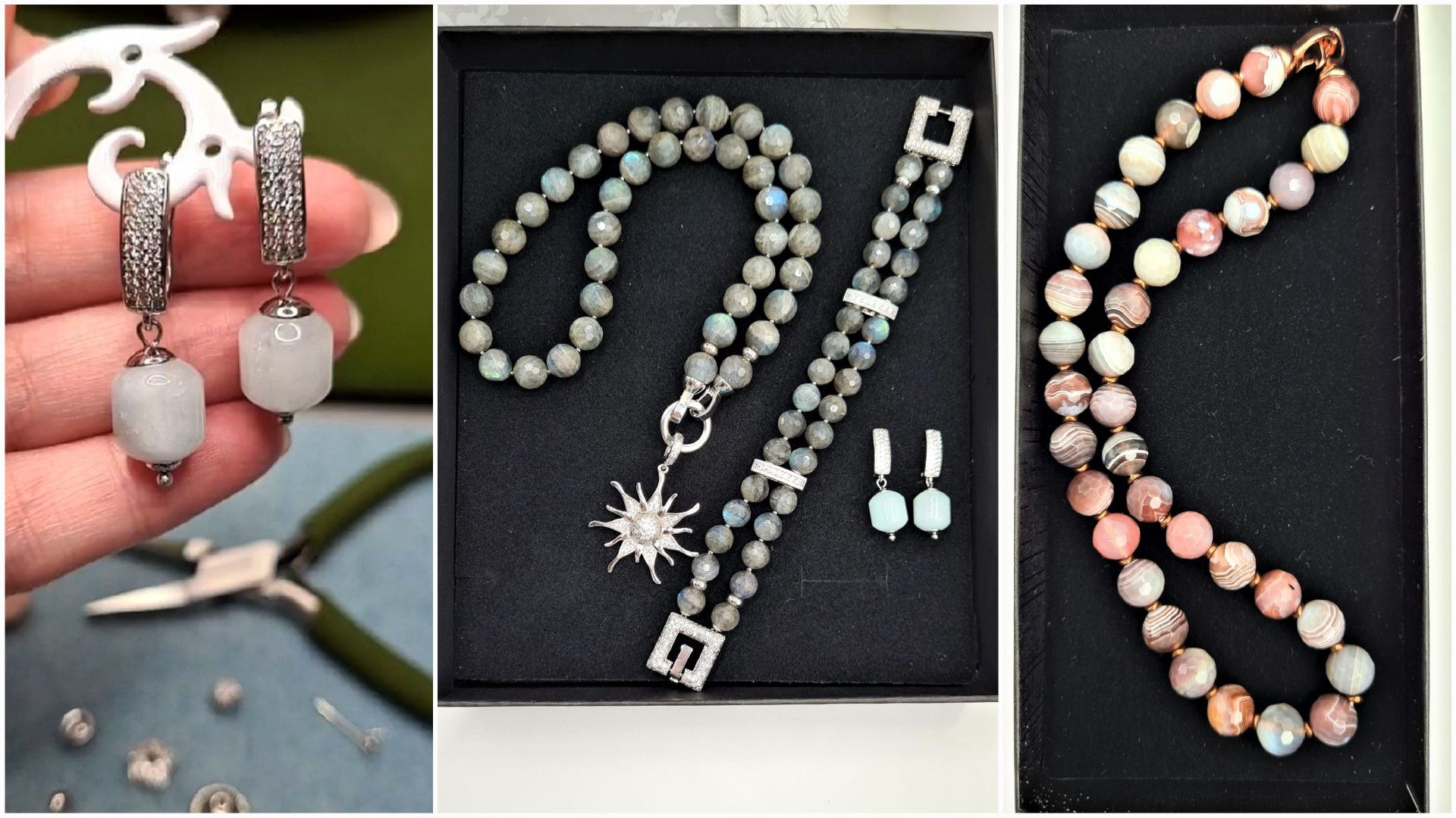 Украшения из лабрадора, аквамарина и агата Ботсвана. Как закрепить замок. Делюсь идеями. смотреть онлайн