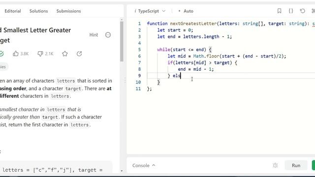 Leetcode - 744 - Find smallest letter greater than target - TypeScript / JavaScript смотреть онлайн