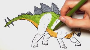 Рисование и раскрашивание стегозавра - Рисуем динозавров цветными карандашами для детей!