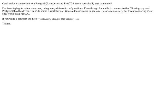 DevOps & SysAdmins: Is it possible to connect to a PostgreSQL server using FreeTDS driver and tsql? смотреть онлайн