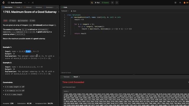 LeetCode 1793 Maximum Score of a Good Subarray - python смотреть онлайн
