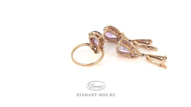 Золотое кольцо (Арт. 12598) и серьги (Арт. 22598) с аметистом и фианитом смотреть онлайн