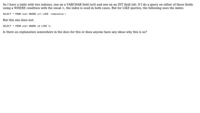 Databases: MySQL does not use index for wildcard-free query on an INT field - why? смотреть онлайн