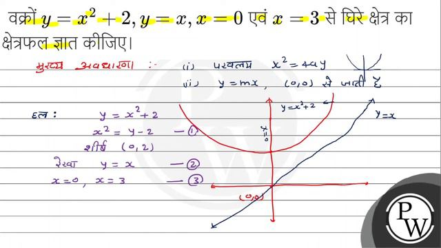 वक्रों \( y=x^{2}+2, y=x, x=0 \) एवं \( x=3 \) से घिरे क्षेत्र का क्षेत्रफल ज्ञात कीजिए। смотреть онлайн