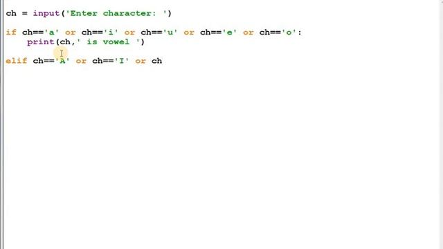 Python program for checking input character as vowel using logical or operator. смотреть онлайн
