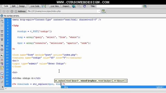Trabalhando com str_replace no PHP - www.CursoWebDesign.com смотреть онлайн