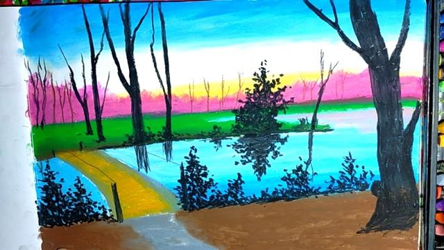 Oil pastel drawing/How To Draw Lake,Forest,Tree/Fancy art/Easy Oil Pastel Drawing for Beginner смотреть онлайн
