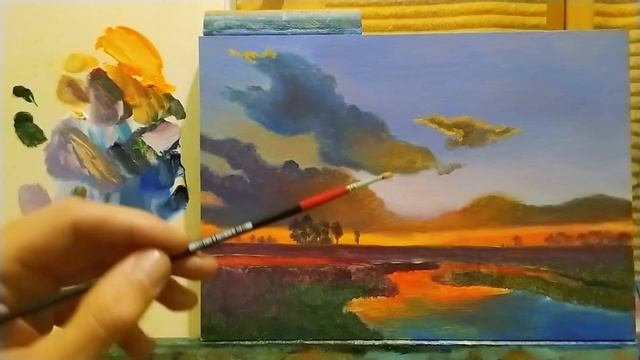 Простой пейзаж с закатом для начинающих|Как рисовать закат простая техника #art #урокирисования смотреть онлайн