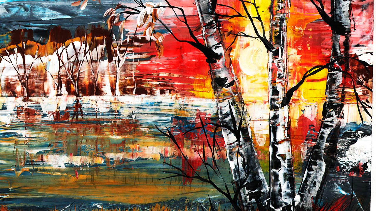 Как нарисовать позднюю осень легко. Рисуем осенний пейзаж. Закат на озере. Рисуем гуашью. смотреть онлайн