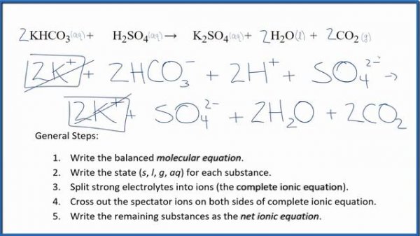 How to Write the Net Ionic Equation for KHCO3 + H2SO4 = K2SO4 + H2O + CO2